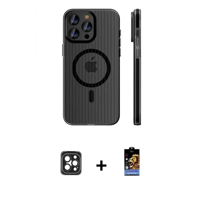 ieg™ iPhone 16 Pro Max Kılıf Pusula Minimal Koleksiyonu - Siyah Buffer Hayalet Cam Ekran Koruyucu + PVD Metal Kamera Lens - SH