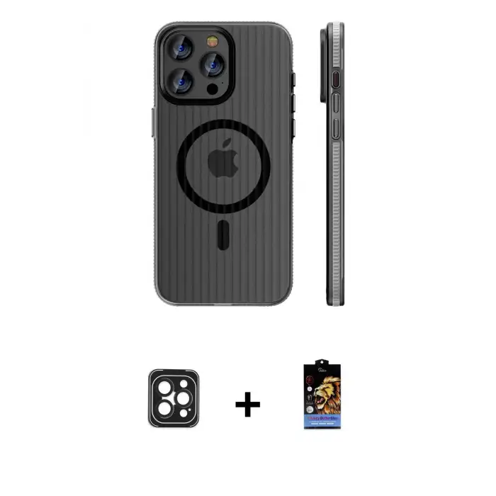 ieg™ iPhone 16 Pro Max Kılıf Pusula Minimal Koleksiyonu - Siyah Buffer Hayalet Cam Ekran Koruyucu + PVD Metal Kamera Lens - SH