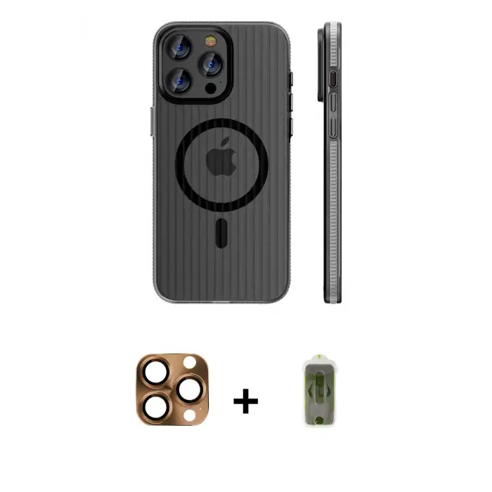 ieg™ iPhone 16 Pro Max Kılıf Pusula Minimal Koleksiyonu - Siyah Joko Magic 5D Hayalet Cam + Pers Alüminyum Kamera Lens - CLTM