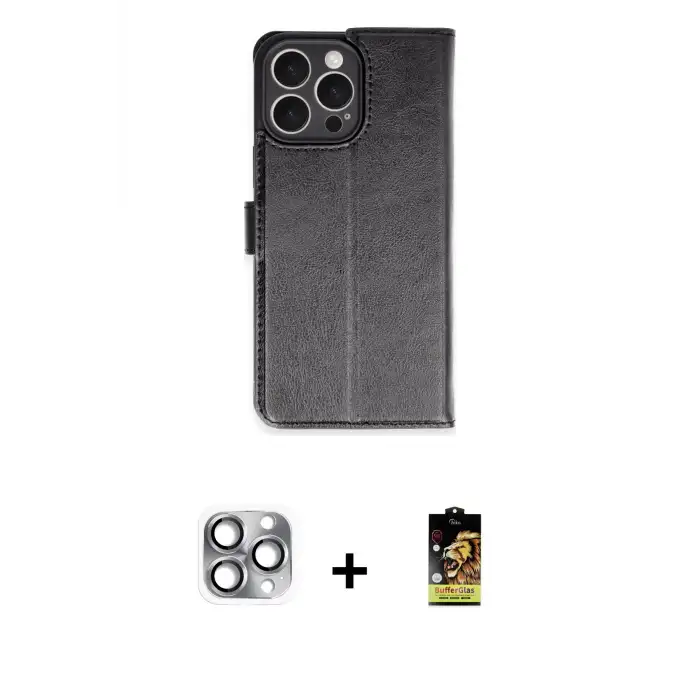 ieg™ iPhone 16 Pro Max Kılıf Siluet Işık Serisi - Siyah Buffer Cam Ekran Koruyucu + Pers Alüminyum Kamera Lens - GI