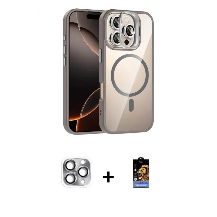 ieg™ iPhone 16 Pro Max Kılıf Yadigar Asil Koleksiyonu - Siyah Buffer Hayalet Cam Ekran Koruyucu + Pers Alüminyum Kamera Lens - GI