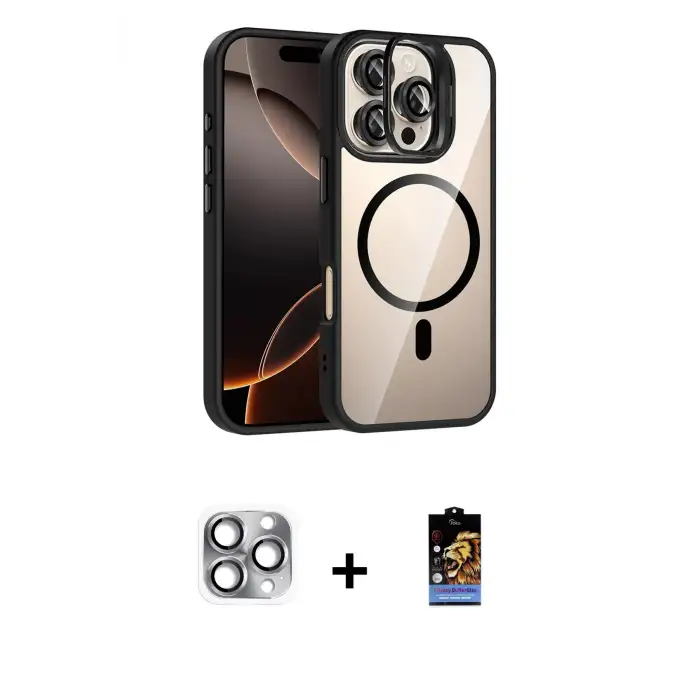 ieg™ iPhone 16 Pro Max Kılıf Yadigar Asil Koleksiyonu - Siyah Buffer Hayalet Cam Ekran Koruyucu + Pers Alüminyum Kamera Lens - GI