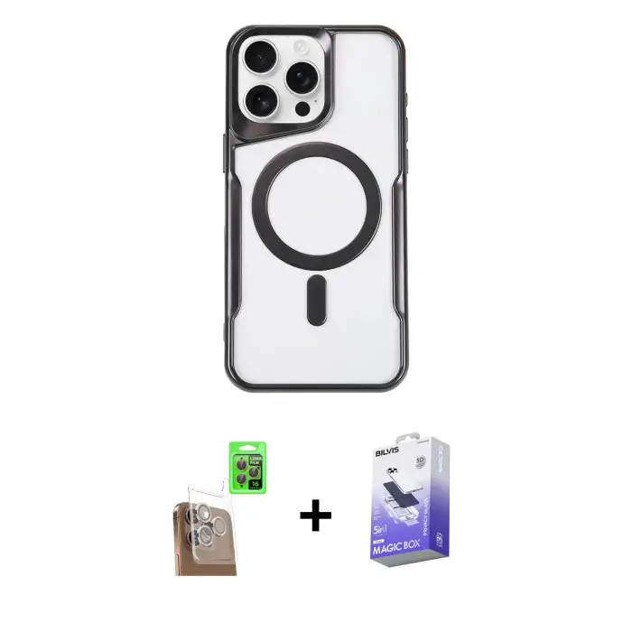 ieg™ iPhone 16 Pro Max Kılıf Yadigar Klasik Özel Seri - Siyah Bilvis 5in1 5D Magic Hayalet Cam Ekran Koruyucu + Raze Metal Kamera Lens - CLTM