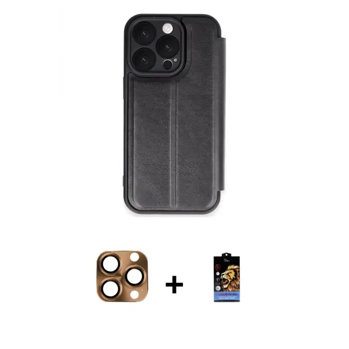 ieg™ iPhone 16 Pro Max Kılıf Zirve Yansıma Serisi - Siyah Buffer Hayalet Cam Ekran Koruyucu + Pers Alüminyum Kamera Lens - CLTM