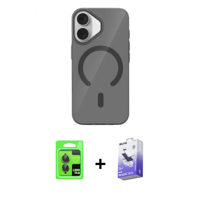 ieg™ iPhone 17 Kılıf Pusula Form Özel Seri - Siyah Bilvis 5in1 5D Magic Hayalet Cam Ekran Koruyucu + Raze Metal Kamera Lens - GI