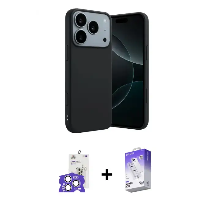 ieg™ iPhone 17 Pro Max Kılıf Kozmos Yansıma Özel Seri - Siyah Bilvis 5in1 3D Magic Cam Ekran Koruyucu + Bilvis Titan Kamera Lens - GS