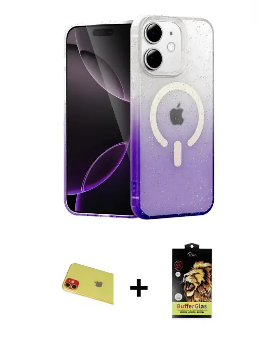 ieg™ iPhone 11 Kılıf Eksen Minimal Özel Seri - Siyah Buffer Cam Ekran Koruyucu + Rainbow Kamera Lens Koruma Cam - KI