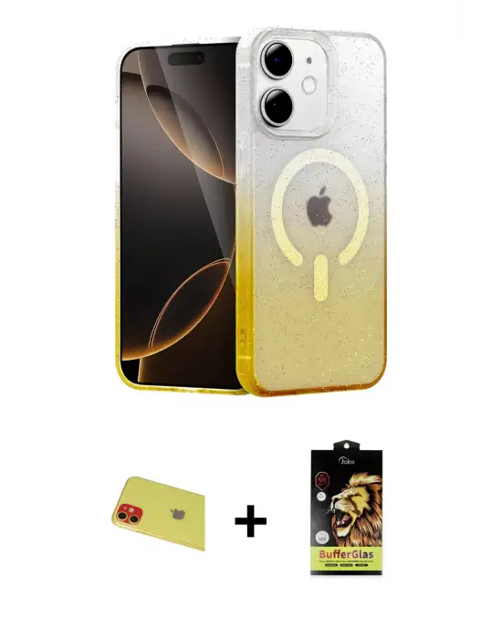 ieg™ iPhone 11 Kılıf Eksen Minimal Özel Seri - Siyah Buffer Cam Ekran Koruyucu + Rainbow Kamera Lens Koruma Cam - KI