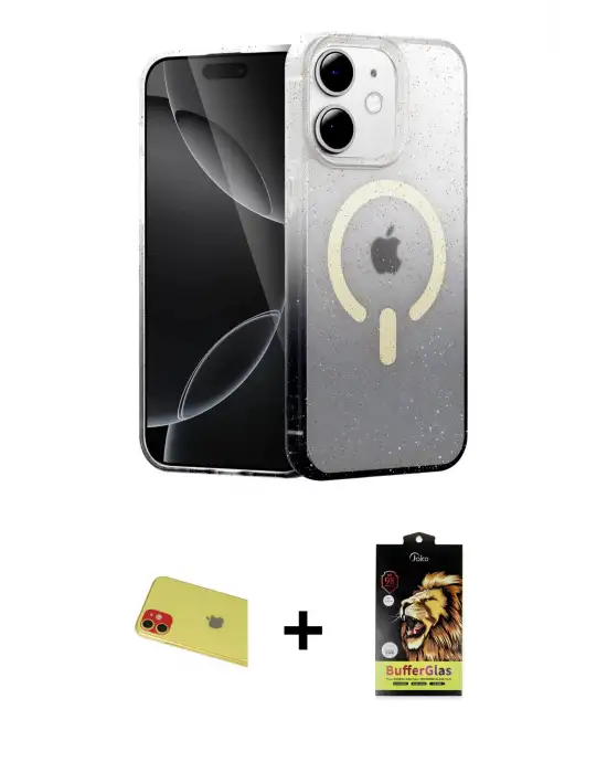 ieg™ iPhone 11 Kılıf Eksen Minimal Özel Seri - Siyah Buffer Cam Ekran Koruyucu + Rainbow Kamera Lens Koruma Cam - KI