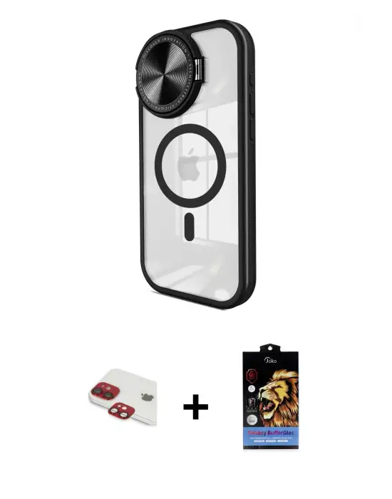 ieg™ iPhone 11 Kılıf Kıvılcım Modern Koleksiyonu - Siyah Buffer Hayalet Cam Ekran Koruyucu + Pers Alüminyum Kamera Lens - KI
