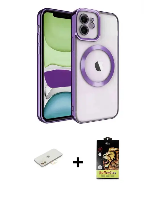 ieg™ iPhone 11 Kılıf Nova Işık Özel Seri - Siyah Buffer Cam Ekran Koruyucu + Renkli Kamera Lens Koruma Cam - SI