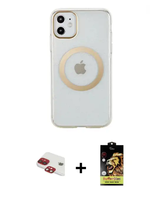 ieg™ iPhone 11 Kılıf Pusula Form - Siyah Buffer Cam Ekran Koruyucu + Pers Alüminyum Kamera Lens - KI