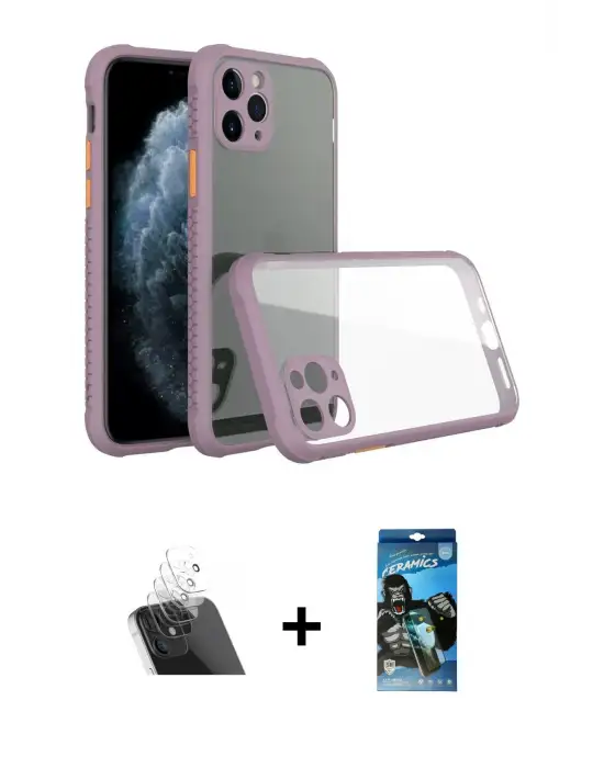 ieg™ iPhone 11 Pro Kılıf Nova Asil Özel Seri - Siyah 34D Izgaralı Cam + Kamera Lens Koruma Cam - SF
