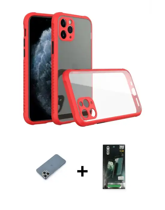 ieg™ iPhone 11 Pro Max Kılıf Nova Asil Özel Seri - Siyah 360 Mat Full Body Arka Koruyucu + Metal Kamera Lens Koruma Cam - GS