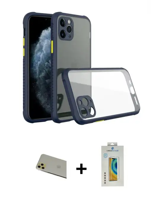 ieg™ iPhone 11 Pro Max Kılıf Nova Asil Özel Seri - Siyah Polymer Nano Ekran Koruyucu + Rainbow Kamera Lens Koruma Cam - GD