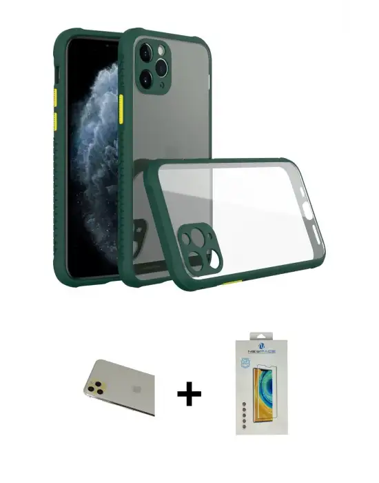 ieg™ iPhone 11 Pro Max Kılıf Nova Asil Özel Seri - Siyah Polymer Nano Ekran Koruyucu + Rainbow Kamera Lens Koruma Cam - GD