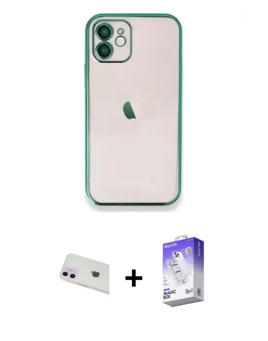 ieg™ iPhone 12 Kılıf Vadi Minimal - Siyah Bilvis 5in1 3D Magic Cam Ekran Koruyucu + Rainbow Kamera Lens Koruma Cam - MR