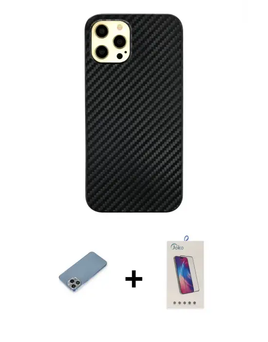 ieg™ iPhone 12 Pro Max Kılıf Nova Çizgi - Siyah Joko 5D Cam + Shine Kamera Lens Koruma Cam - GI