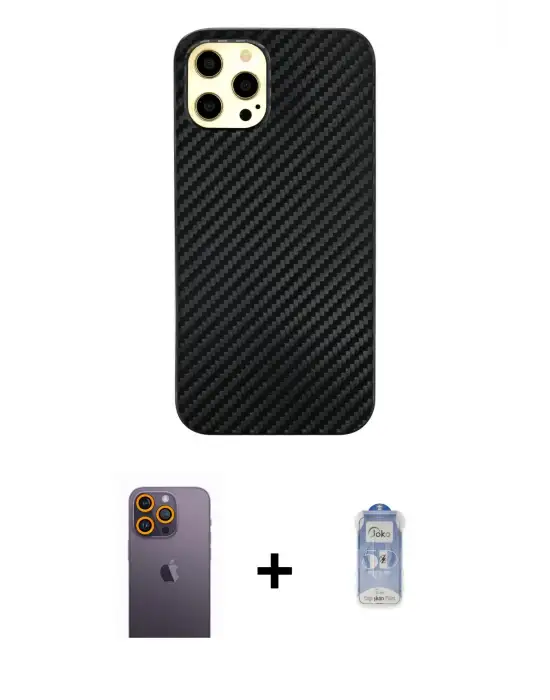 ieg™ iPhone 12 Pro Max Kılıf Nova Çizgi - Siyah Joko Magic 5D Cam + Neon Fosforlu Kamera Lens - SI