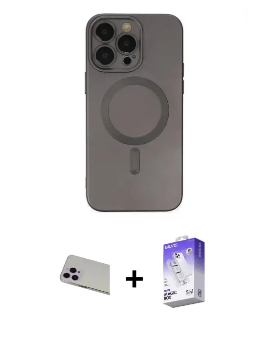 ieg™ iPhone 13 Pro Max Kılıf Akış Minimal Özel Seri - Siyah Bilvis 5in1 3D Magic Cam Ekran Koruyucu + Rainbow Kamera Lens Koruma Cam - MR
