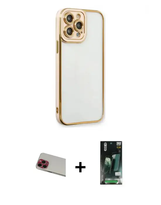 ieg™ iPhone 13 Pro Max Kılıf Çekirdek Klasik Serisi - Şeffaf 360 Full Body Arka Koruyucu + Rainbow Kamera Lens Koruma Cam - KI