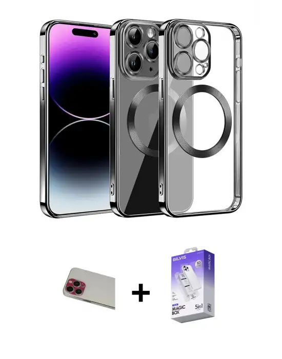 ieg™ iPhone 13 Pro Max Kılıf Pusula Form - Siyah Bilvis 5in1 3D Magic Cam Ekran Koruyucu + Rainbow Kamera Lens Koruma Cam - KI