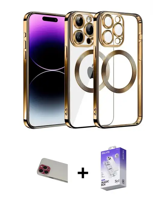 ieg™ iPhone 13 Pro Max Kılıf Pusula Form - Siyah Bilvis 5in1 3D Magic Cam Ekran Koruyucu + Rainbow Kamera Lens Koruma Cam - KI