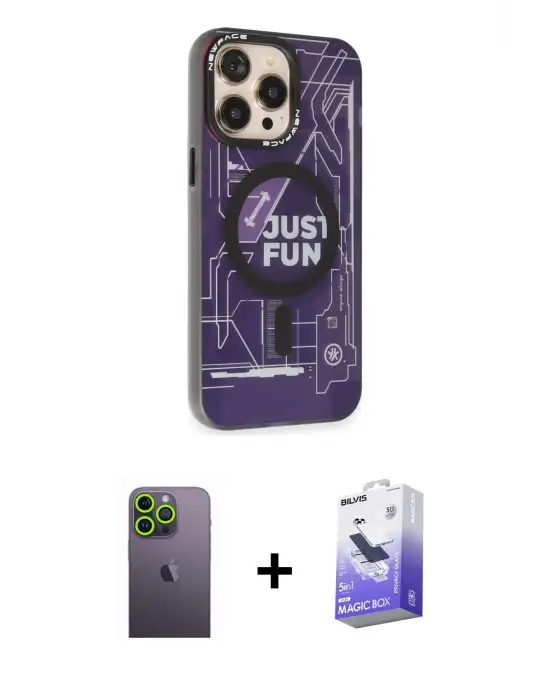 ieg™ iPhone 13 Pro Max Kılıf Siluet Modern Koleksiyonu - Siyah Bilvis 5in1 5D Magic Hayalet Cam Ekran Koruyucu + Neon Fosforlu Kamera Lens - YL