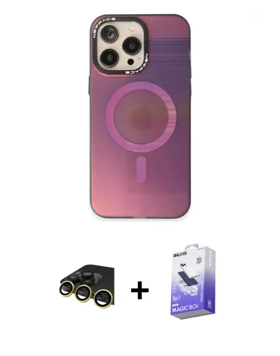 ieg™ iPhone 13 Pro Max Kılıf Siluet Modern Koleksiyonu - Siyah Bilvis 5in1 5D Magic Hayalet Cam Ekran Koruyucu + Raze Metal Kamera Lens - GD