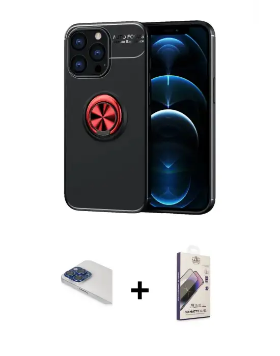 ieg™ iPhone 13 Pro Max Kılıf Yankı Form Prime - Siyah Bilvis 3D Mat Cam Ekran Koruyucu + Pers Alüminyum Kamera Lens - LT