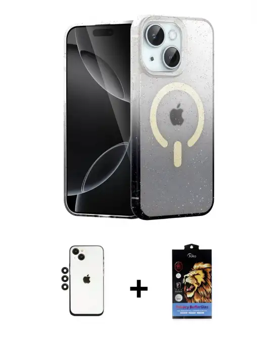 ieg™ iPhone 14 Kılıf Eksen Minimal Özel Seri - Siyah Buffer Hayalet Cam Ekran Koruyucu + Shine Kamera Lens - SH
