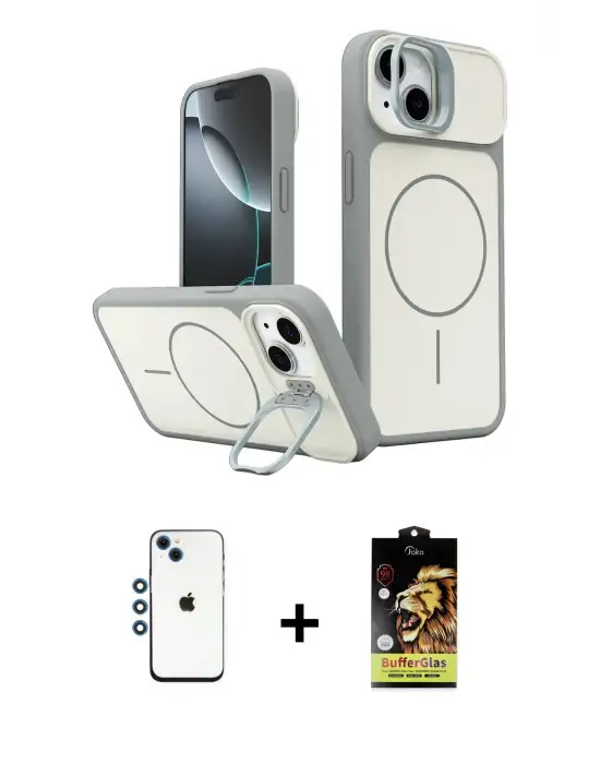 ieg™ iPhone 14 Kılıf İz Modern Prime - Siyah Buffer Cam Ekran Koruyucu + Shine Kamera Lens - MI
