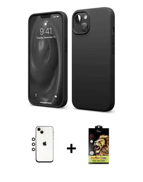 ieg™ iPhone 14 Kılıf Kozmos Yansıma Özel Seri - Siyah Buffer Cam Ekran Koruyucu + Shine Kamera Lens - GI