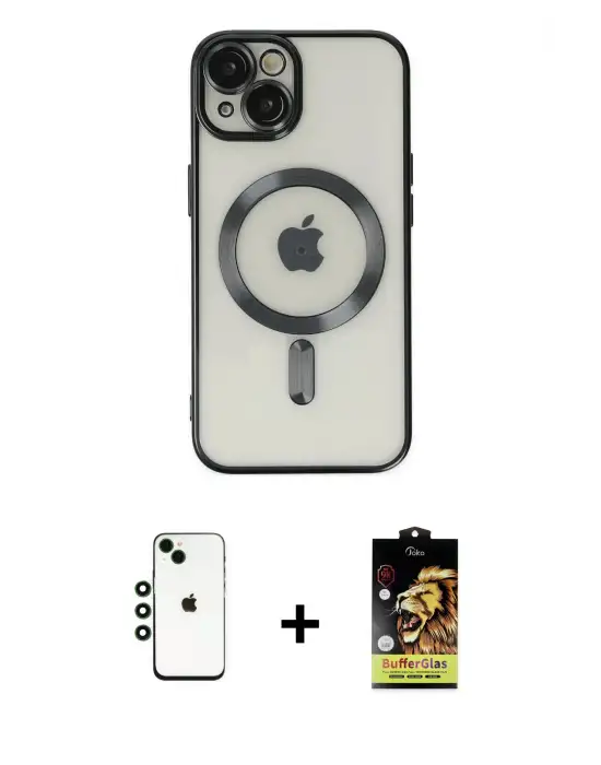 ieg™ iPhone 14 Kılıf Nova Işık Özel Seri - Siyah Buffer Cam Ekran Koruyucu + Shine Kamera Lens - YL