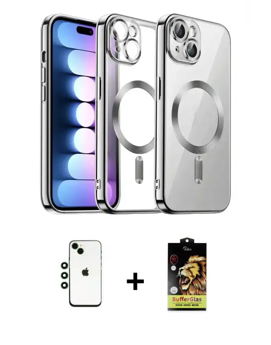ieg™ iPhone 14 Kılıf Nova Işık Özel Seri - Siyah Buffer Cam Ekran Koruyucu + Shine Kamera Lens - YL