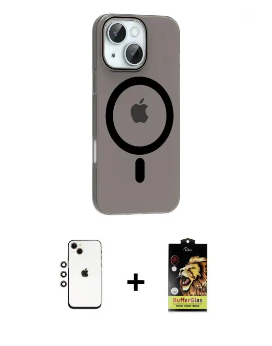 ieg™ iPhone 14 Kılıf Pusula Form Özel Seri - Siyah Buffer Cam Ekran Koruyucu + Shine Kamera Lens - GI