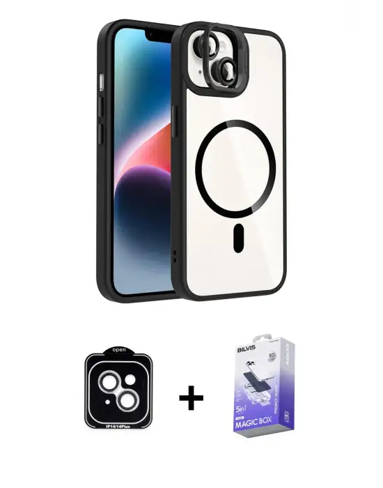 ieg™ iPhone 14 Kılıf Yadigar Asil Koleksiyonu - Siyah Bilvis 5in1 5D Magic Hayalet Cam Ekran Koruyucu + PVD Metal Kamera Lens - GS