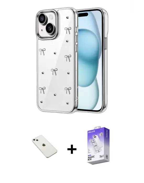 ieg™ iPhone 14 Kılıf Yörünge Form - Siyah Bilvis 5in1 3D Magic Cam Ekran Koruyucu + Diamond Kamera Lens - SABE