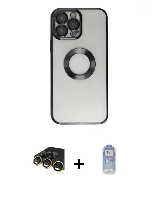 ieg™ iPhone 14 Pro Kılıf Pusula Form - Siyah Joko Magic 5D Cam + Raze Metal Kamera Lens - GD