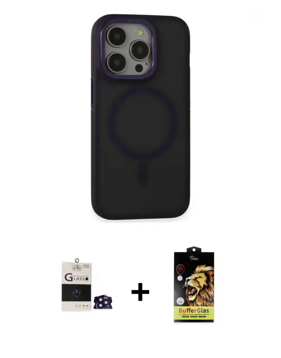 ieg™ iPhone 14 Pro Max Kılıf Ahenk Form Serisi - Siyah Buffer Cam Ekran Koruyucu + Bilvis Titan Kamera Lens - DNMR