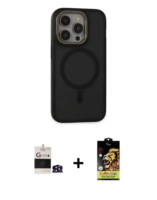 ieg™ iPhone 14 Pro Max Kılıf Ahenk Form Serisi - Siyah Buffer Cam Ekran Koruyucu + Bilvis Titan Kamera Lens - DNMR