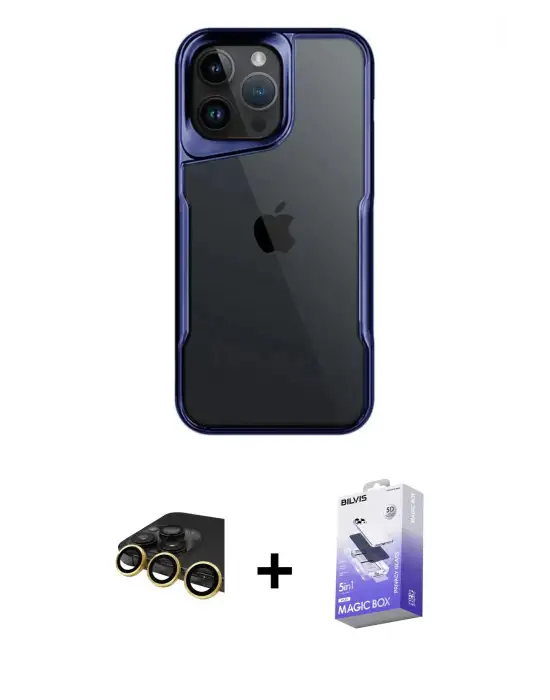 ieg™ iPhone 14 Pro Max Kılıf Akış Çizgi Koleksiyonu - Siyah Bilvis 5in1 5D Magic Hayalet Cam Ekran Koruyucu + Raze Metal Kamera Lens - GD