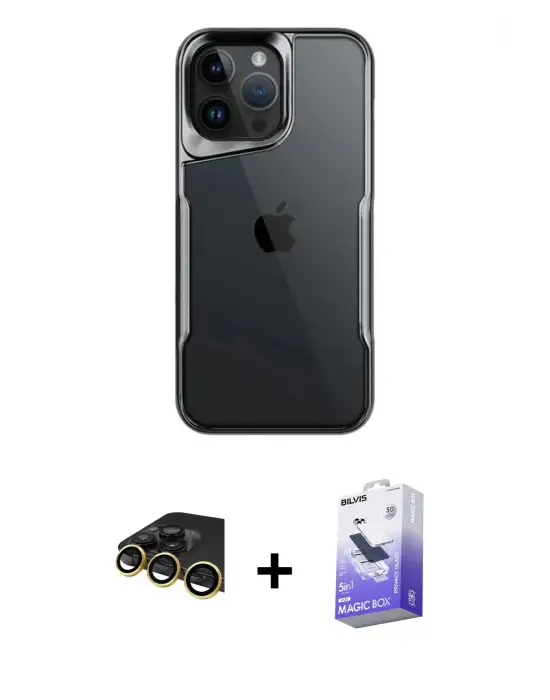 ieg™ iPhone 14 Pro Max Kılıf Akış Çizgi Koleksiyonu - Siyah Bilvis 5in1 5D Magic Hayalet Cam Ekran Koruyucu + Raze Metal Kamera Lens - GD
