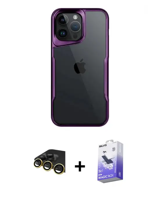 ieg™ iPhone 14 Pro Max Kılıf Akış Çizgi Koleksiyonu - Siyah Bilvis 5in1 5D Magic Hayalet Cam Ekran Koruyucu + Raze Metal Kamera Lens - GD