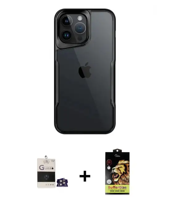 ieg™ iPhone 14 Pro Max Kılıf Akış Çizgi Koleksiyonu - Siyah Buffer Cam Ekran Koruyucu + Bilvis Titan Kamera Lens - GS