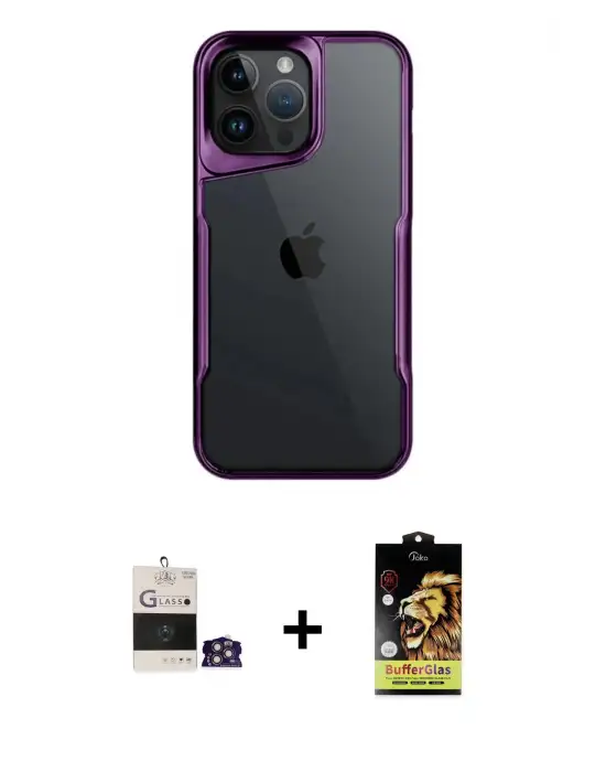 ieg™ iPhone 14 Pro Max Kılıf Akış Çizgi Koleksiyonu - Siyah Buffer Cam Ekran Koruyucu + Bilvis Titan Kamera Lens - GS