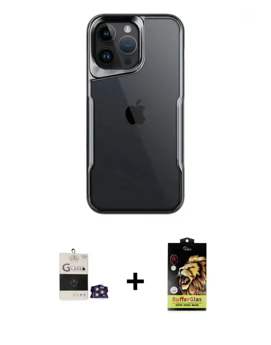 ieg™ iPhone 14 Pro Max Kılıf Akış Çizgi Koleksiyonu - Siyah Buffer Cam Ekran Koruyucu + Bilvis Titan Kamera Lens - GS
