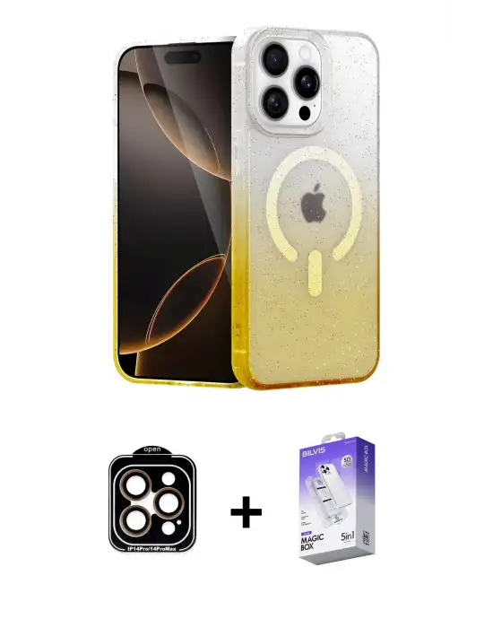 ieg™ iPhone 14 Pro Max Kılıf Eksen Minimal Özel Seri - Siyah Bilvis 5in1 3D Magic Cam Ekran Koruyucu + PVD Metal Kamera Lens - TU