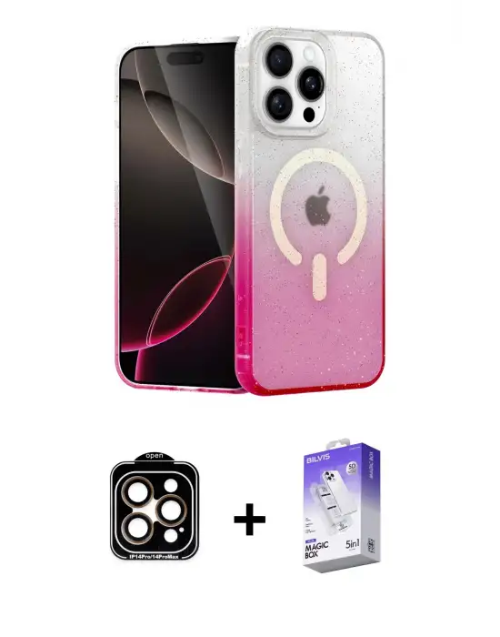 ieg™ iPhone 14 Pro Max Kılıf Eksen Minimal Özel Seri - Siyah Bilvis 5in1 3D Magic Cam Ekran Koruyucu + PVD Metal Kamera Lens - TU