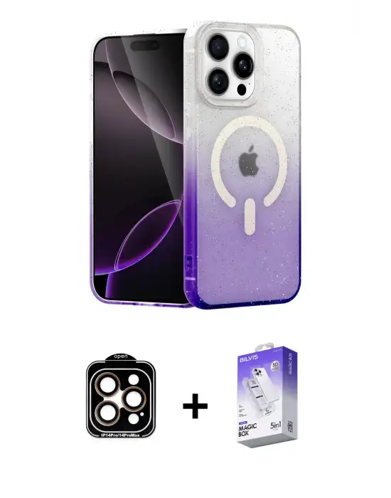 ieg™ iPhone 14 Pro Max Kılıf Eksen Minimal Özel Seri - Siyah Bilvis 5in1 3D Magic Cam Ekran Koruyucu + PVD Metal Kamera Lens - TU